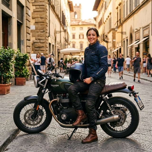Mujer bajita sentada en una moto con asiento bajo