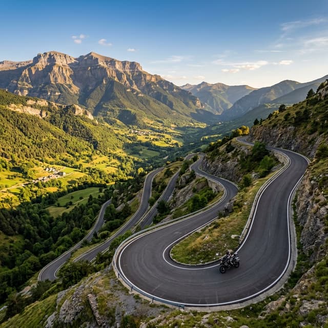 Moto recorriendo carretera de montaña en los Pirineos españoles